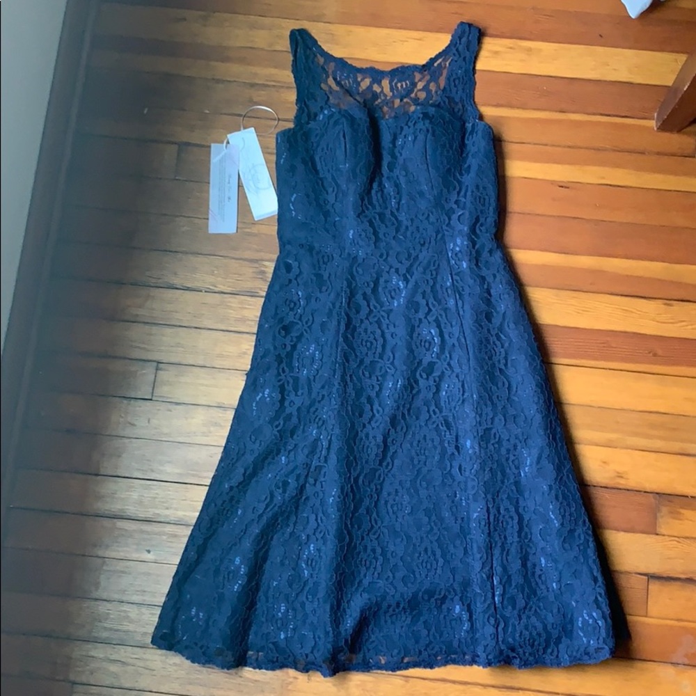Navy Lace Knee Length Bridesmaid’s Dress